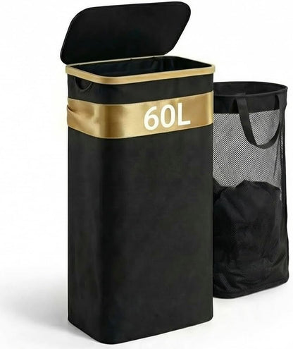 Slim Laundry Hamper with Lid, 60L Capacity, Bamboo Handles, and Steel Ring Removable Inner Bag - Collapsible Clothes Basket Laundry Organizer for Bedroom, Bathroom, Dorm, Black