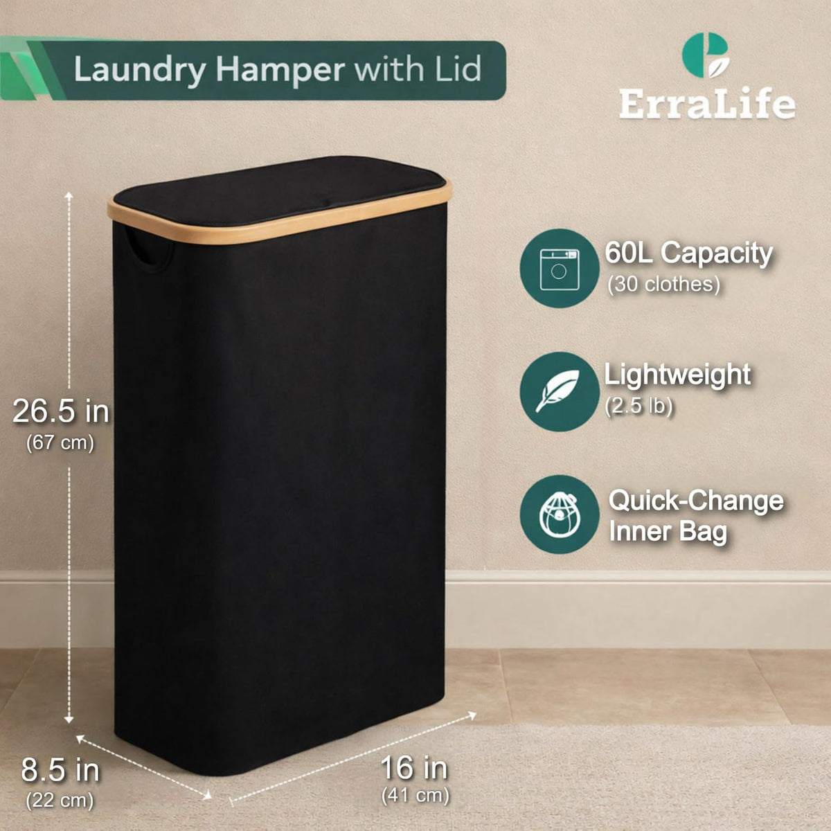 Slim Laundry Hamper with Lid, 60L Capacity, Bamboo Handles, and Steel Ring Removable Inner Bag - Collapsible Clothes Basket Laundry Organizer for Bedroom, Bathroom, Dorm, Black