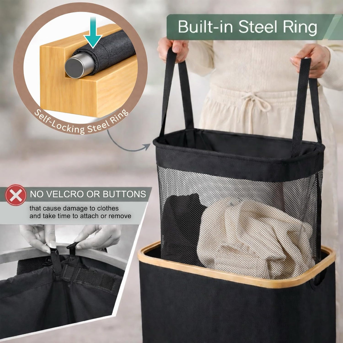 Slim Laundry Hamper with Lid, 60L Capacity, Bamboo Handles, and Steel Ring Removable Inner Bag - Collapsible Clothes Basket Laundry Organizer for Bedroom, Bathroom, Dorm, Black