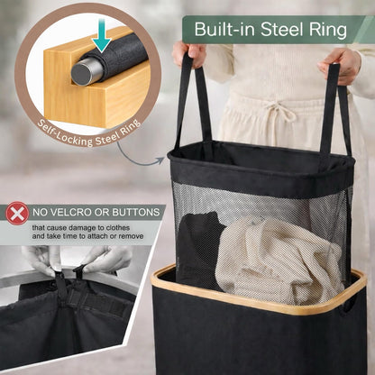 Slim Laundry Hamper with Lid, 60L Capacity, Bamboo Handles, and Steel Ring Removable Inner Bag - Collapsible Clothes Basket Laundry Organizer for Bedroom, Bathroom, Dorm, Black