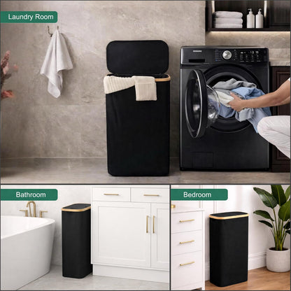 Slim Laundry Hamper with Lid, 60L Capacity, Bamboo Handles, and Steel Ring Removable Inner Bag - Collapsible Clothes Basket Laundry Organizer for Bedroom, Bathroom, Dorm, Black