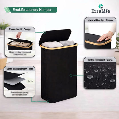 Slim Laundry Hamper with Lid, 60L Capacity, Bamboo Handles, and Steel Ring Removable Inner Bag - Collapsible Clothes Basket Laundry Organizer for Bedroom, Bathroom, Dorm, Black
