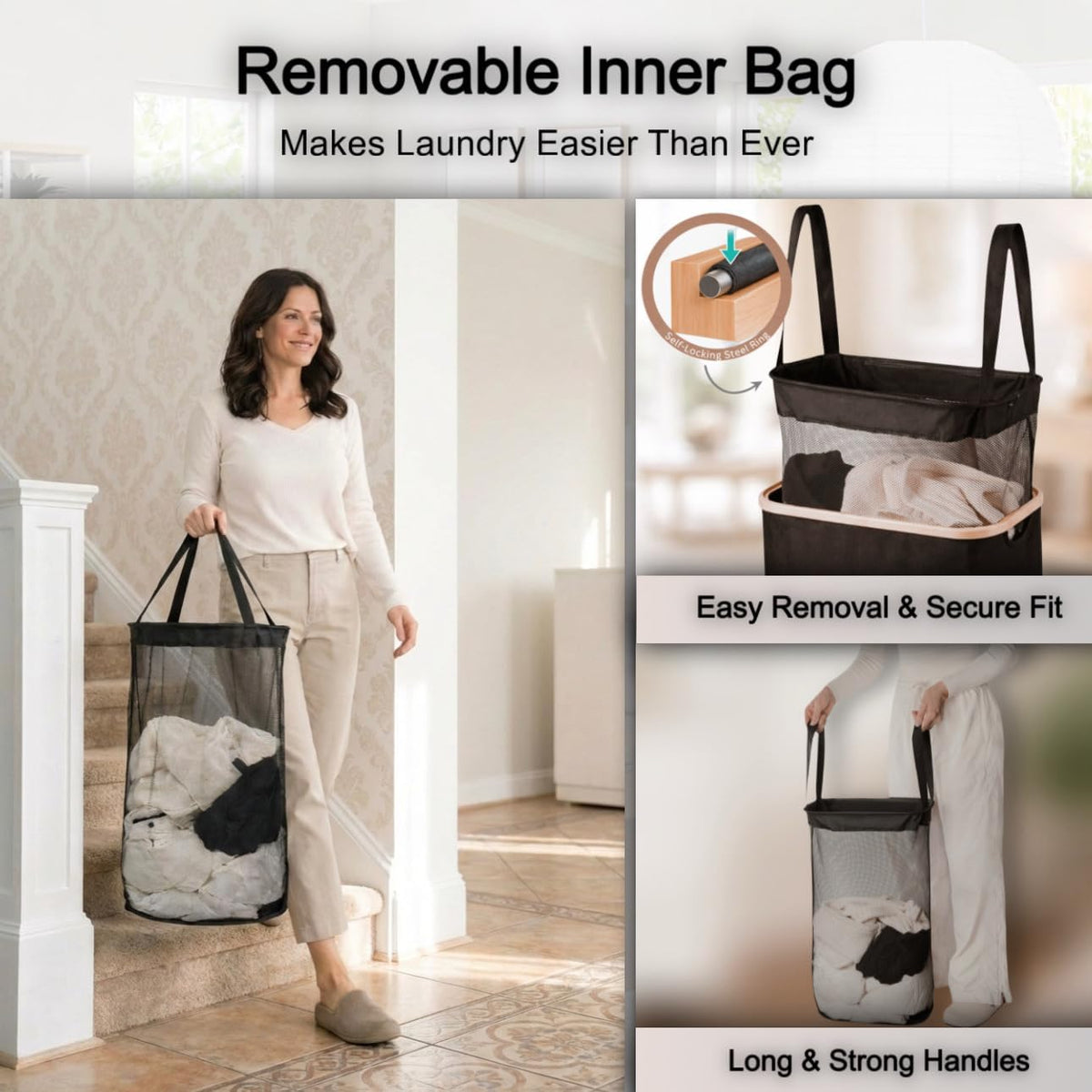 Slim Laundry Hamper with Lid, 60L Capacity, Bamboo Handles, and Steel Ring Removable Inner Bag - Collapsible Clothes Basket Laundry Organizer for Bedroom, Bathroom, Dorm, Black