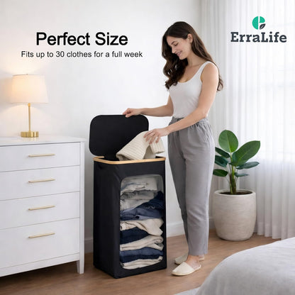 Slim Laundry Hamper with Lid, 60L Capacity, Bamboo Handles, and Steel Ring Removable Inner Bag - Collapsible Clothes Basket Laundry Organizer for Bedroom, Bathroom, Dorm, Black