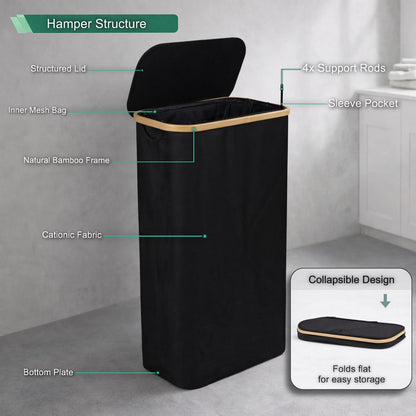 Slim Laundry Hamper with Lid, 60L Capacity, Bamboo Handles, and Steel Ring Removable Inner Bag - Collapsible Clothes Basket Laundry Organizer for Bedroom, Bathroom, Dorm, Black