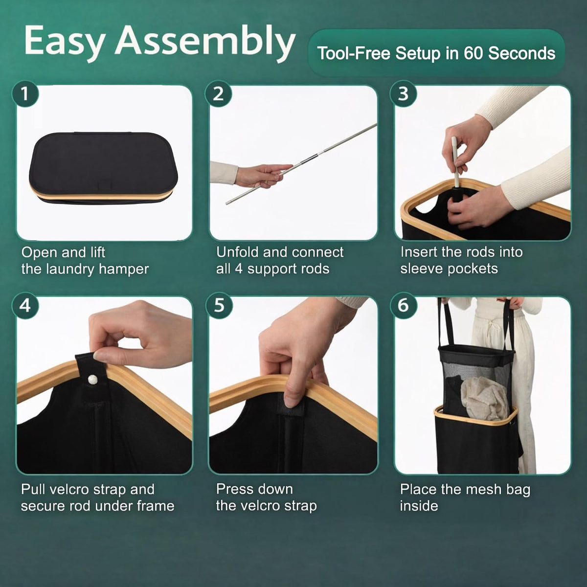 Slim Laundry Hamper with Lid, 60L Capacity, Bamboo Handles, and Steel Ring Removable Inner Bag - Collapsible Clothes Basket Laundry Organizer for Bedroom, Bathroom, Dorm, Black