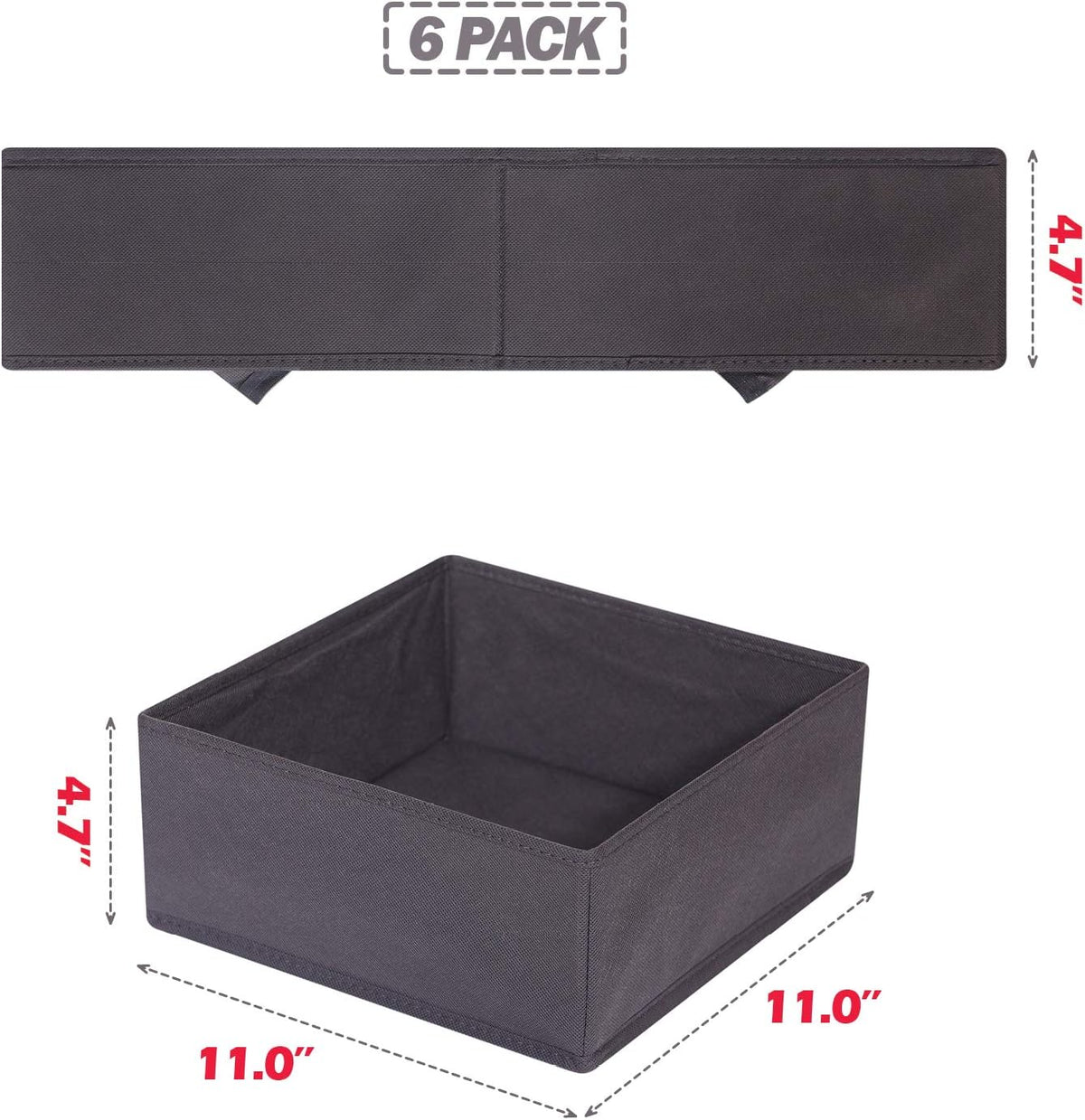 6 Pack Foldable Cloth Storage Box Closet Dresser Drawer Organizer Divider Fabric Baskets Bins Containers for Clothes Underwear Bras Socks Lingerie Clothing, Dark Grey 600
