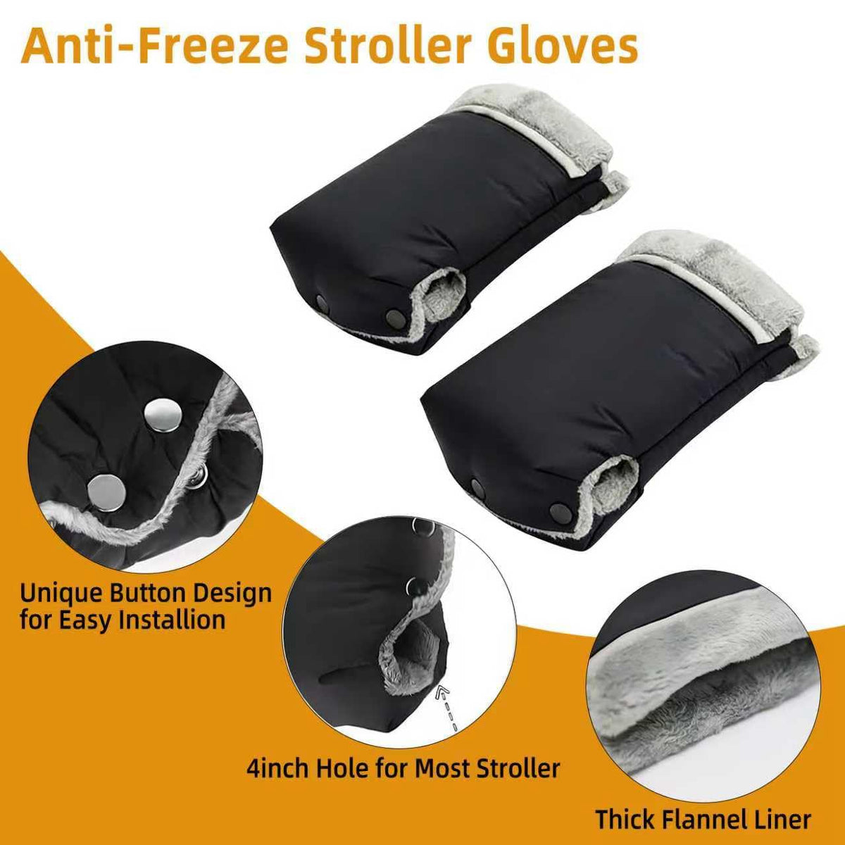 Stroller Hand Muff Gloves, Waterproof Handlebar Mitts with Fleece Lining, Universal Fit for Pram and Pushchair, Winter Hand Warmer (Black)