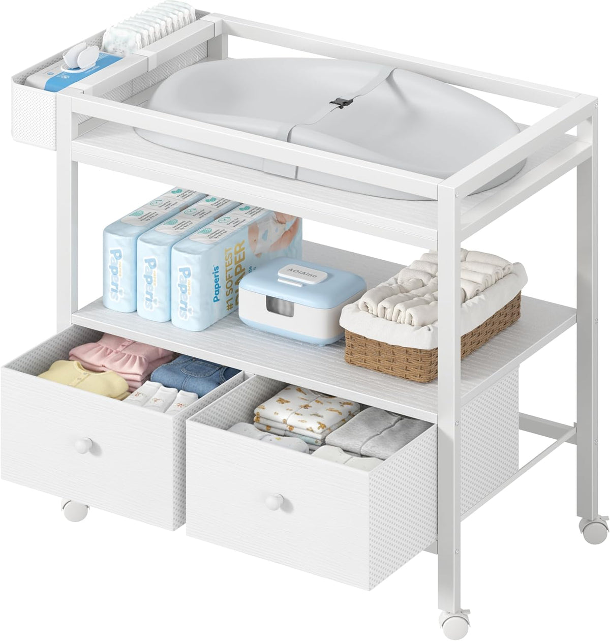 Baby Changing Table with Storage, White Baby Dresser with Changing Table Top, Diaper Changing Station with 2 Fabric Drawers for Nursery Modern