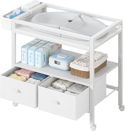 Baby Changing Table with Storage, White Baby Dresser with Changing Table Top, Diaper Changing Station with 2 Fabric Drawers for Nursery Modern