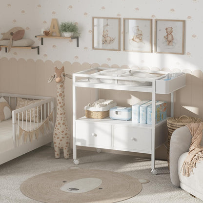 Baby Changing Table with Storage, White Baby Dresser with Changing Table Top, Diaper Changing Station with 2 Fabric Drawers for Nursery Modern