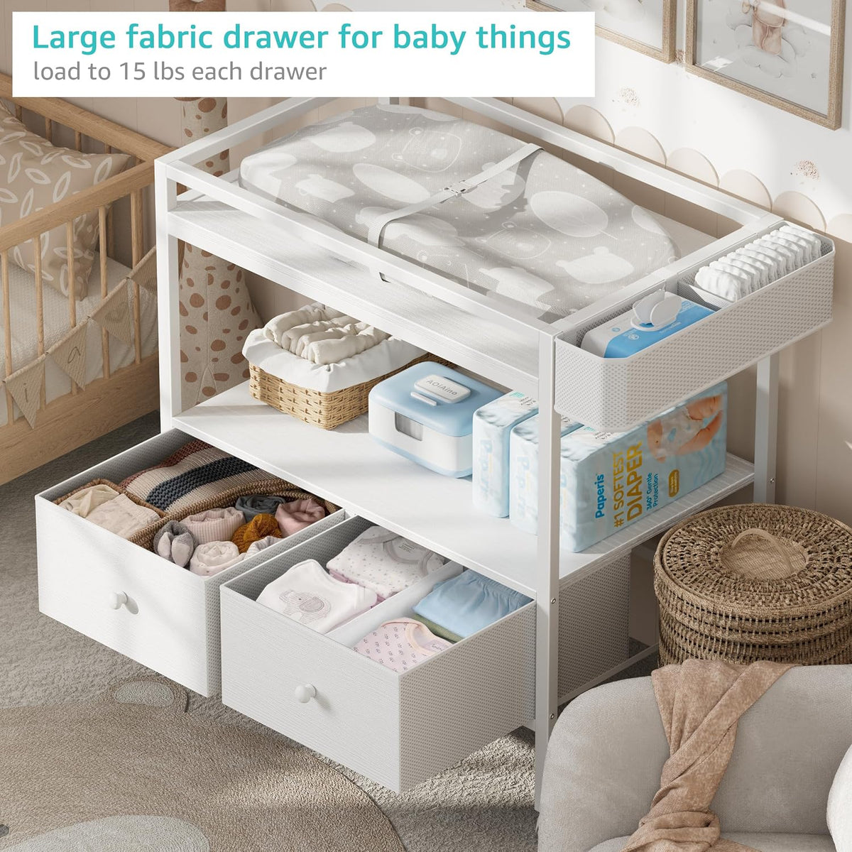 Baby Changing Table with Storage, White Baby Dresser with Changing Table Top, Diaper Changing Station with 2 Fabric Drawers for Nursery Modern