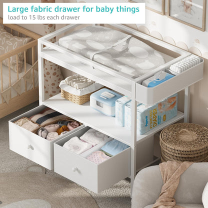 Baby Changing Table with Storage, White Baby Dresser with Changing Table Top, Diaper Changing Station with 2 Fabric Drawers for Nursery Modern