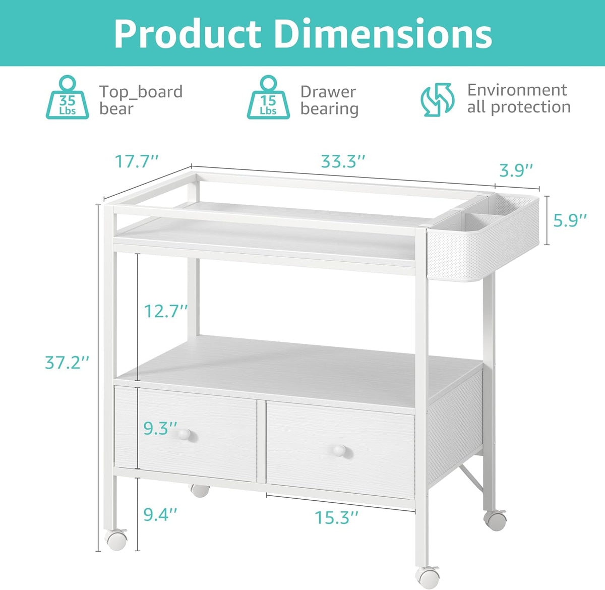 Baby Changing Table with Storage, White Baby Dresser with Changing Table Top, Diaper Changing Station with 2 Fabric Drawers for Nursery Modern
