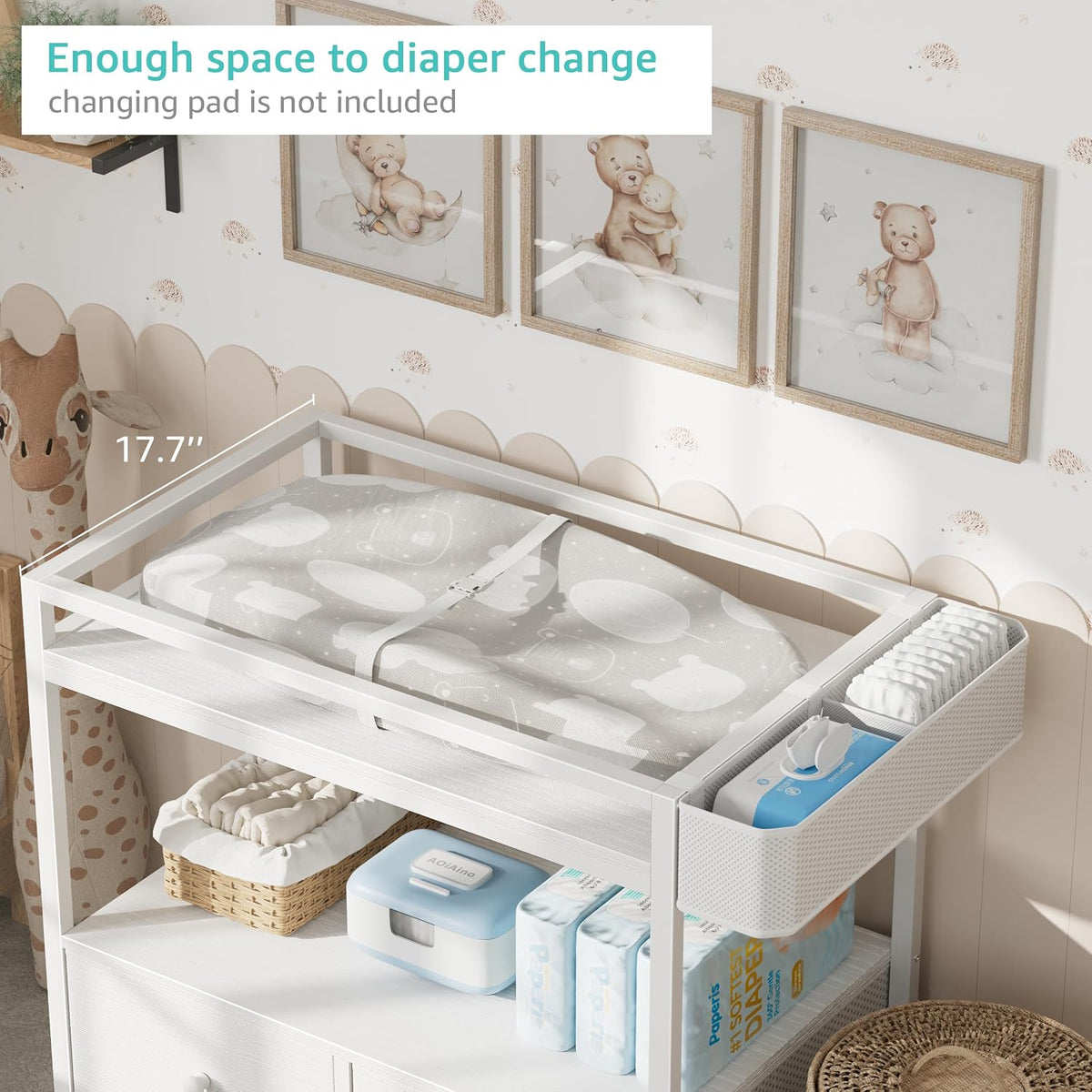 Baby Changing Table with Storage, White Baby Dresser with Changing Table Top, Diaper Changing Station with 2 Fabric Drawers for Nursery Modern