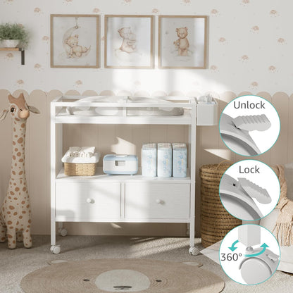 Baby Changing Table with Storage, White Baby Dresser with Changing Table Top, Diaper Changing Station with 2 Fabric Drawers for Nursery Modern