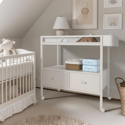 Baby Changing Table with Storage, White Baby Dresser with Changing Table Top, Diaper Changing Station with 2 Fabric Drawers for Nursery Modern