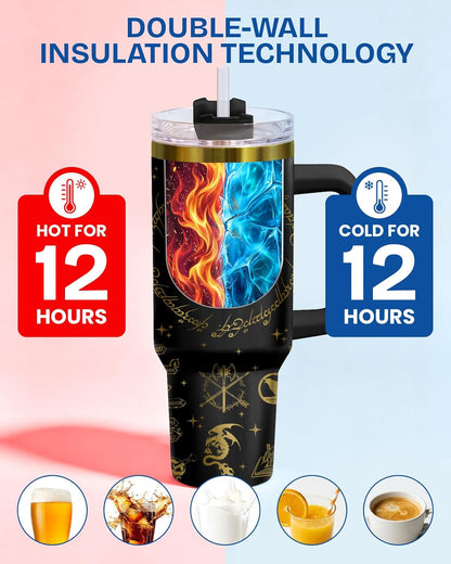Fantasy Cat Dinosaur 40 oz Tumbler with Handle, Cat Lover Gift | Feline Lover Gift, Feline Kitty Whiskers Paw Meow Fur Baby Enchanted Magical Mythical Quest Tumbler