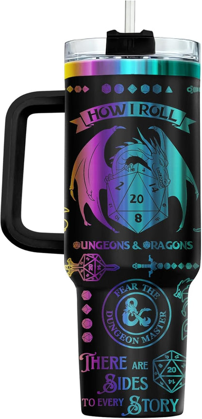 Fantasy Cat Dinosaur 40 oz Tumbler with Handle, Cat Lover Gift | Feline Lover Gift, Feline Kitty Whiskers Paw Meow Fur Baby Enchanted Magical Mythical Quest Tumbler