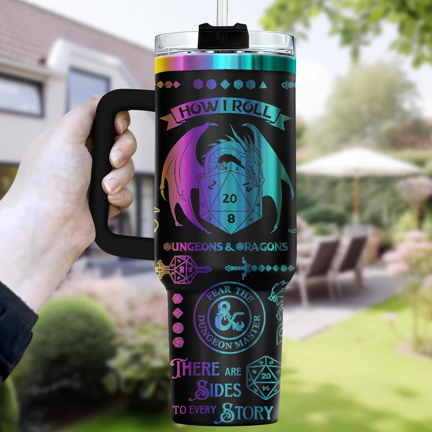 Fantasy Cat Dinosaur 40 oz Tumbler with Handle, Cat Lover Gift | Feline Lover Gift, Feline Kitty Whiskers Paw Meow Fur Baby Enchanted Magical Mythical Quest Tumbler