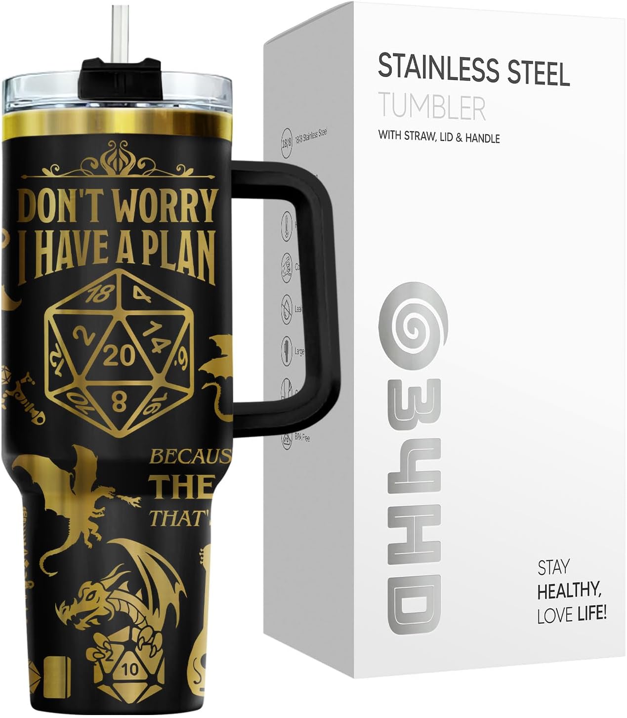 Fantasy Cat Dinosaur 40 oz Tumbler with Handle, Cat Lover Gift | Feline Lover Gift, Feline Kitty Whiskers Paw Meow Fur Baby Enchanted Magical Mythical Quest Tumbler