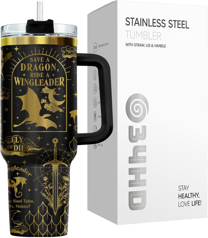 Fantasy Cat Dinosaur 40 oz Tumbler with Handle, Cat Lover Gift | Feline Lover Gift, Feline Kitty Whiskers Paw Meow Fur Baby Enchanted Magical Mythical Quest Tumbler