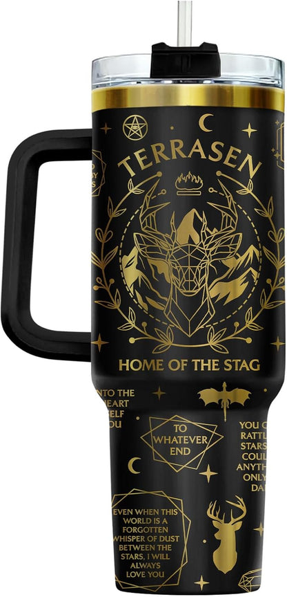 Fantasy Cat Dinosaur 40 oz Tumbler with Handle, Cat Lover Gift | Feline Lover Gift, Feline Kitty Whiskers Paw Meow Fur Baby Enchanted Magical Mythical Quest Tumbler