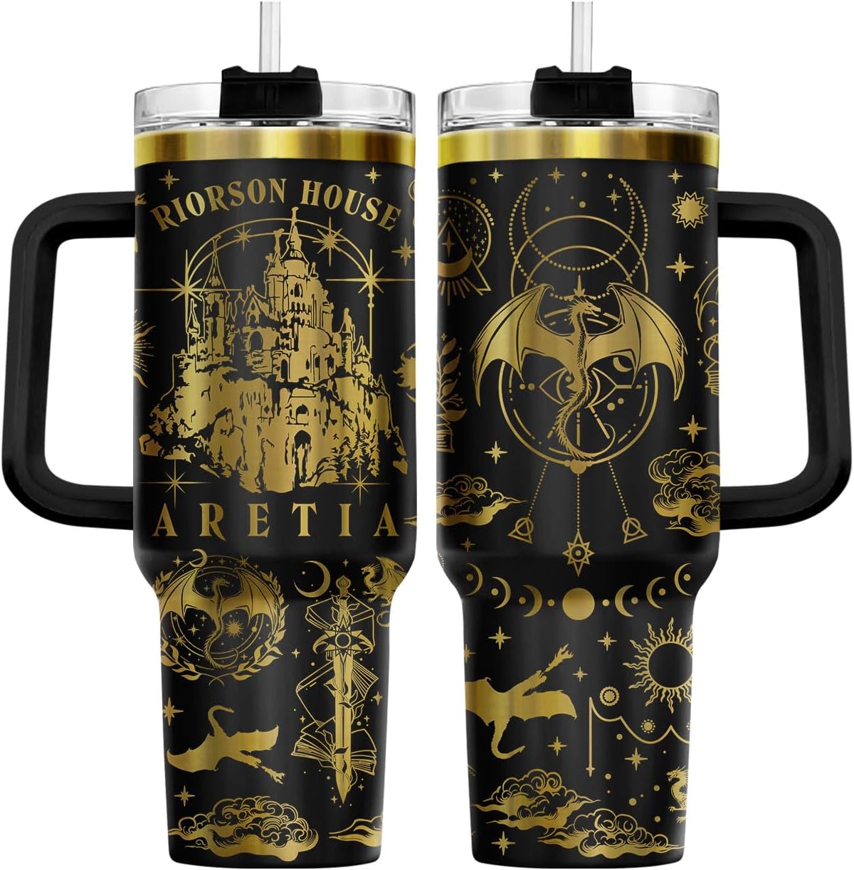 Fantasy Cat Dinosaur 40 oz Tumbler with Handle, Cat Lover Gift | Feline Lover Gift, Feline Kitty Whiskers Paw Meow Fur Baby Enchanted Magical Mythical Quest Tumbler