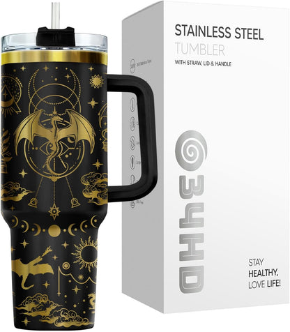 Fantasy Cat Dinosaur 40 oz Tumbler with Handle, Cat Lover Gift | Feline Lover Gift, Feline Kitty Whiskers Paw Meow Fur Baby Enchanted Magical Mythical Quest Tumbler
