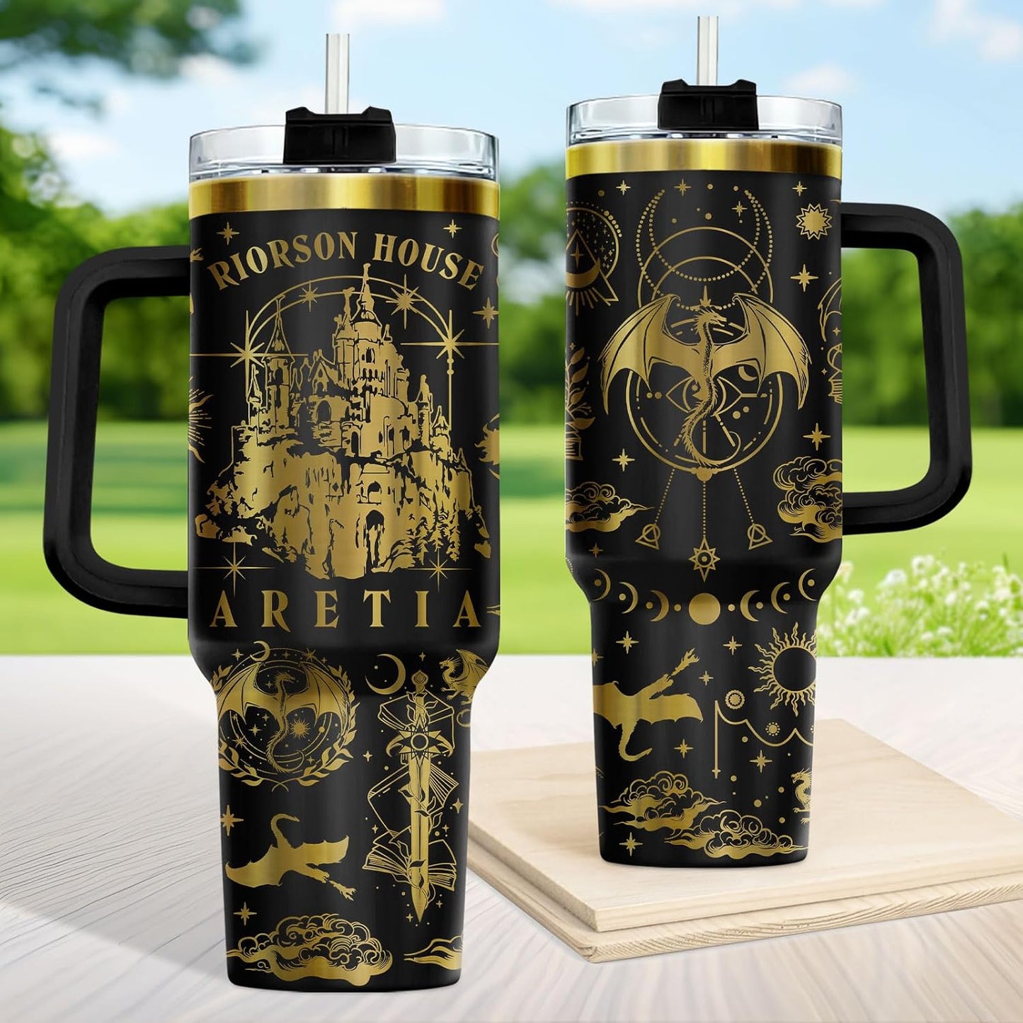 Fantasy Cat Dinosaur 40 oz Tumbler with Handle, Cat Lover Gift | Feline Lover Gift, Feline Kitty Whiskers Paw Meow Fur Baby Enchanted Magical Mythical Quest Tumbler