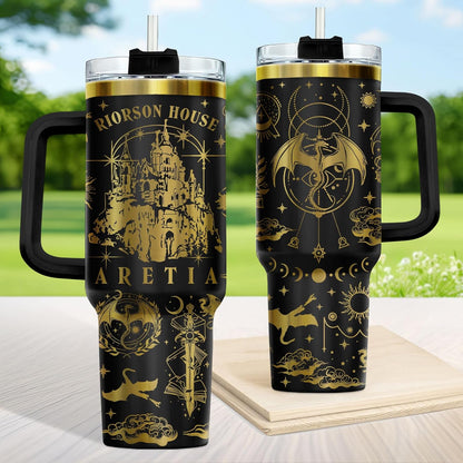 Fantasy Cat Dinosaur 40 oz Tumbler with Handle, Cat Lover Gift | Feline Lover Gift, Feline Kitty Whiskers Paw Meow Fur Baby Enchanted Magical Mythical Quest Tumbler