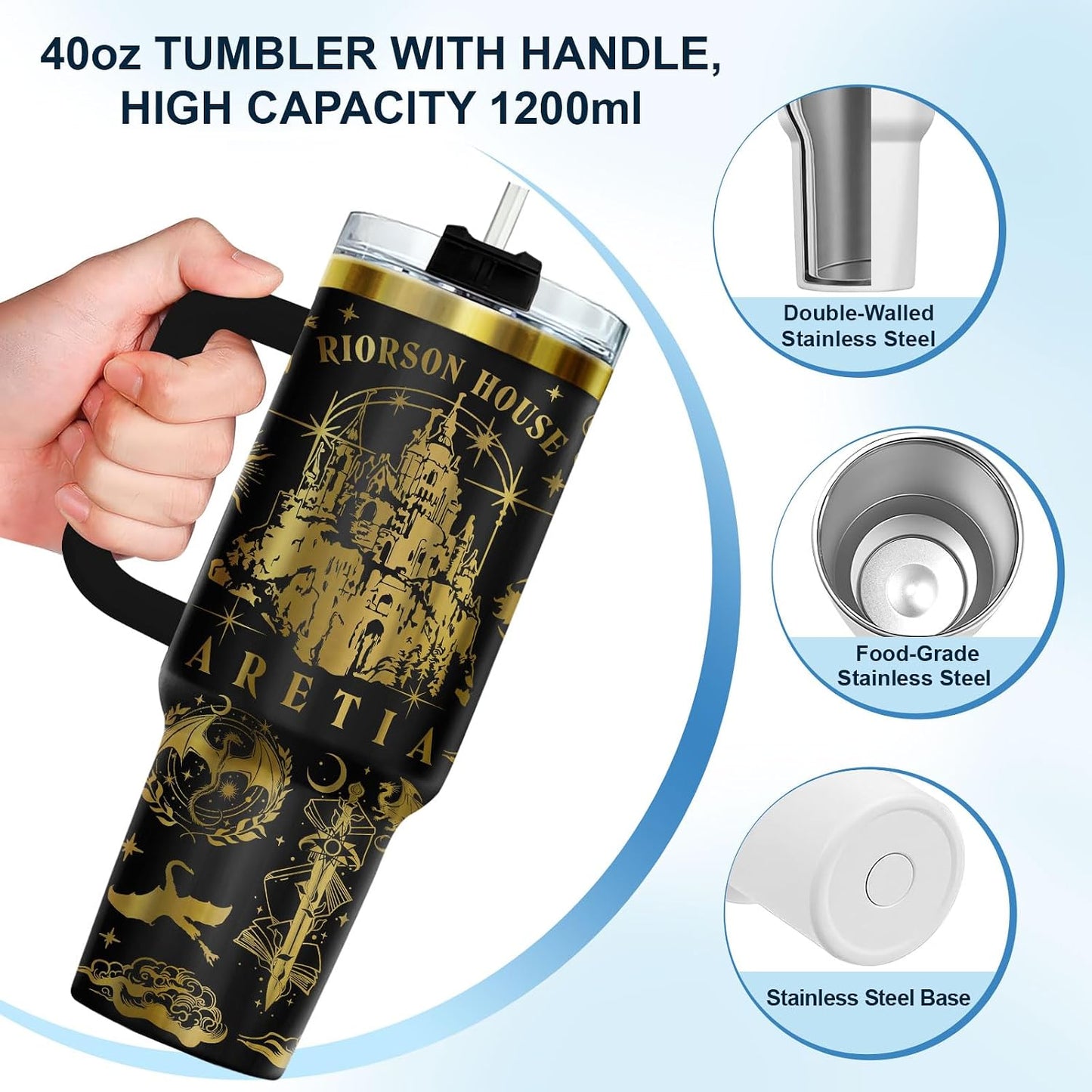 Fantasy Cat Dinosaur 40 oz Tumbler with Handle, Cat Lover Gift | Feline Lover Gift, Feline Kitty Whiskers Paw Meow Fur Baby Enchanted Magical Mythical Quest Tumbler