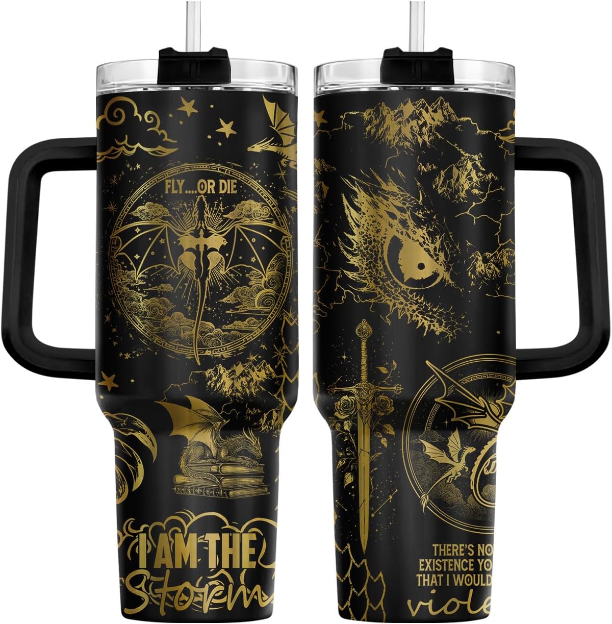 Fantasy Cat Dinosaur 40 oz Tumbler with Handle, Cat Lover Gift | Feline Lover Gift, Feline Kitty Whiskers Paw Meow Fur Baby Enchanted Magical Mythical Quest Tumbler