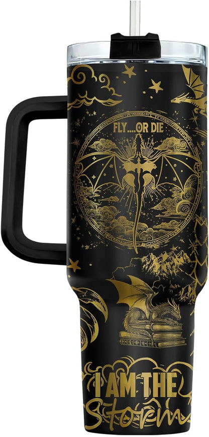 Fantasy Cat Dinosaur 40 oz Tumbler with Handle, Cat Lover Gift | Feline Lover Gift, Feline Kitty Whiskers Paw Meow Fur Baby Enchanted Magical Mythical Quest Tumbler