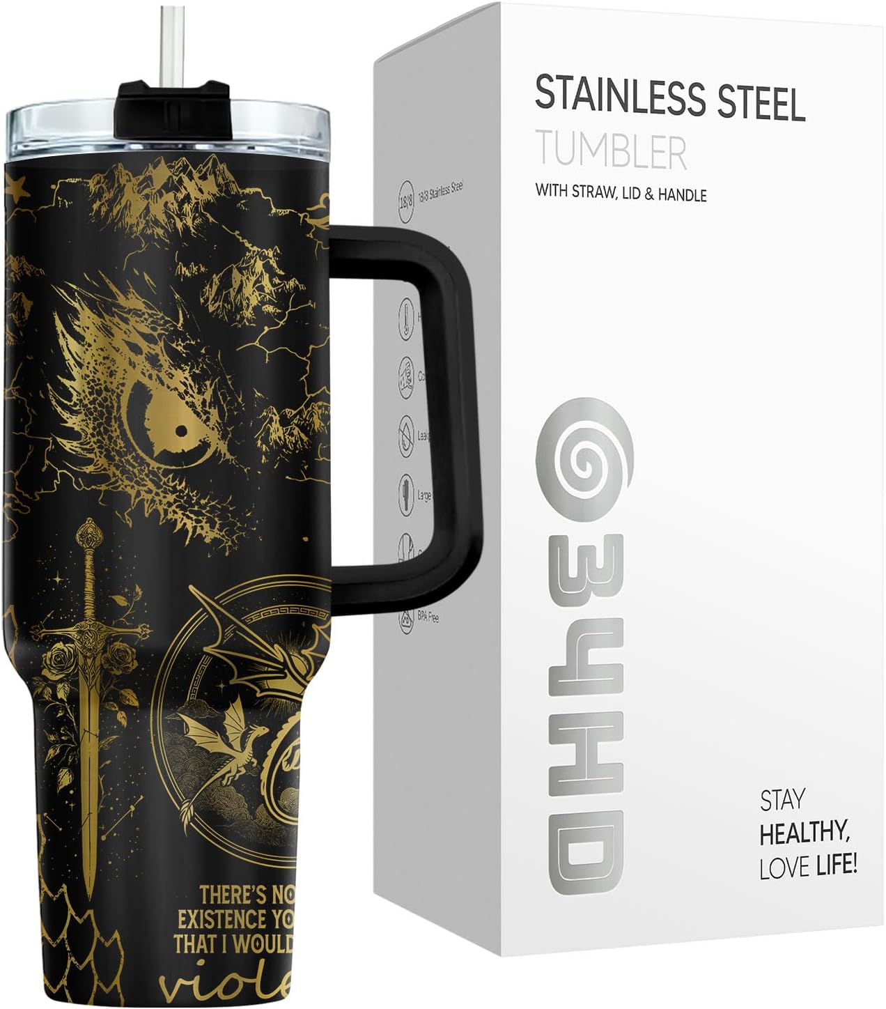 Fantasy Cat Dinosaur 40 oz Tumbler with Handle, Cat Lover Gift | Feline Lover Gift, Feline Kitty Whiskers Paw Meow Fur Baby Enchanted Magical Mythical Quest Tumbler