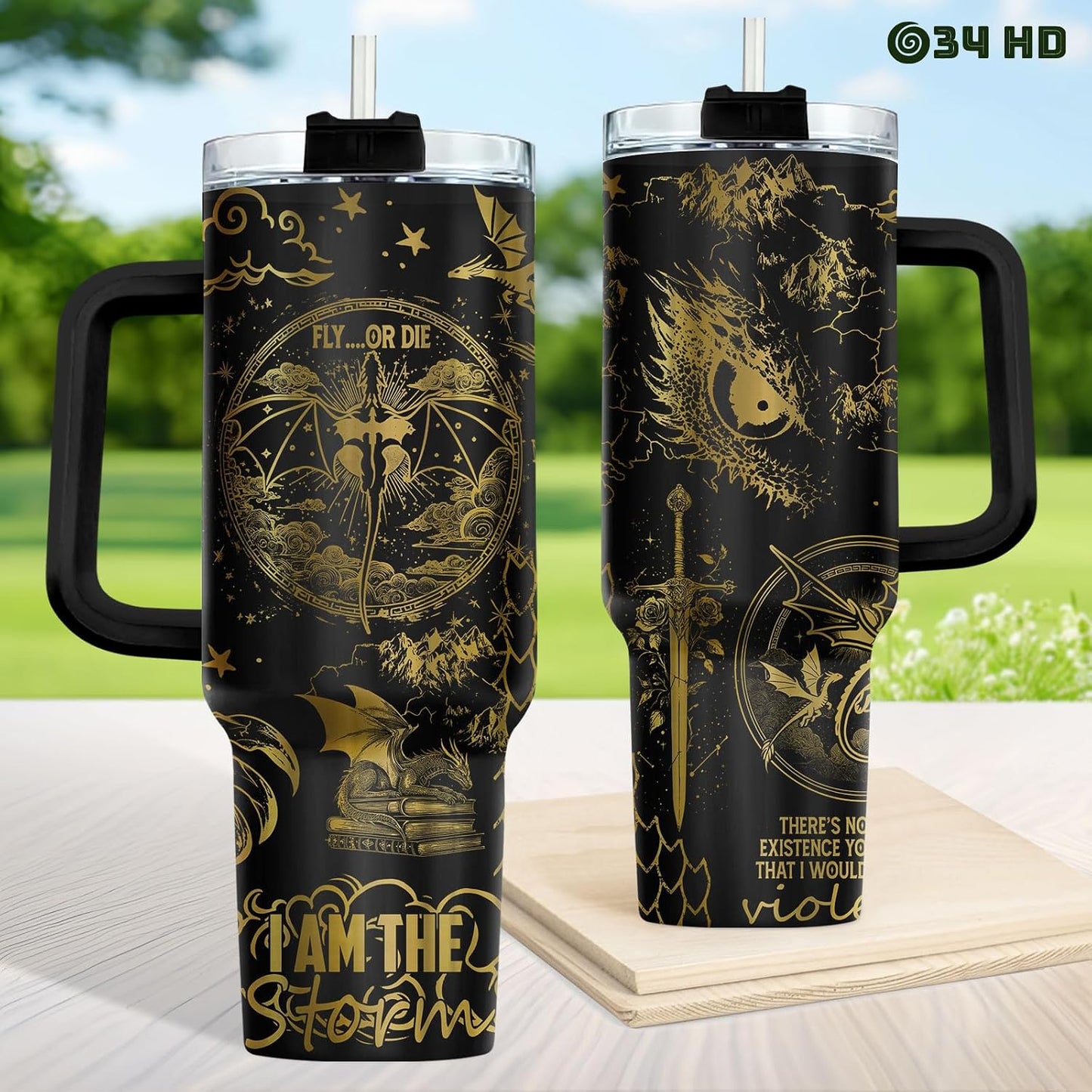 Fantasy Cat Dinosaur 40 oz Tumbler with Handle, Cat Lover Gift | Feline Lover Gift, Feline Kitty Whiskers Paw Meow Fur Baby Enchanted Magical Mythical Quest Tumbler