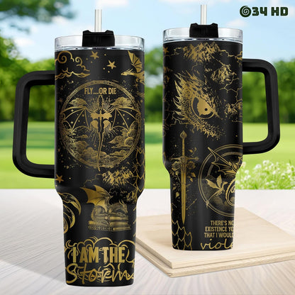 Fantasy Cat Dinosaur 40 oz Tumbler with Handle, Cat Lover Gift | Feline Lover Gift, Feline Kitty Whiskers Paw Meow Fur Baby Enchanted Magical Mythical Quest Tumbler