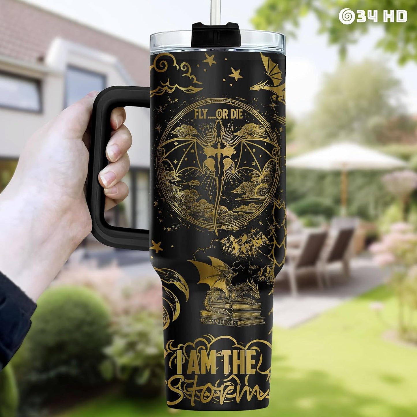 Fantasy Cat Dinosaur 40 oz Tumbler with Handle, Cat Lover Gift | Feline Lover Gift, Feline Kitty Whiskers Paw Meow Fur Baby Enchanted Magical Mythical Quest Tumbler
