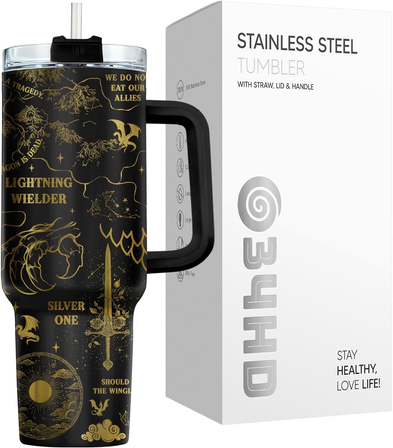 Fantasy Cat Dinosaur 40 oz Tumbler with Handle, Cat Lover Gift | Feline Lover Gift, Feline Kitty Whiskers Paw Meow Fur Baby Enchanted Magical Mythical Quest Tumbler