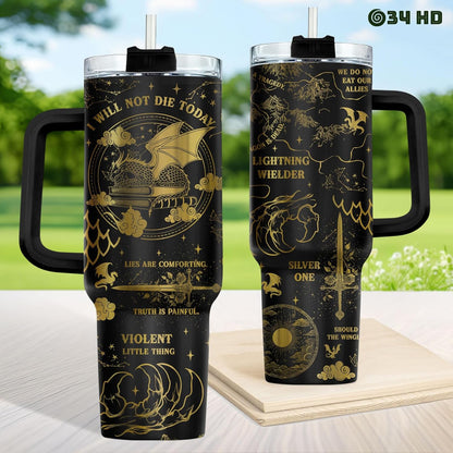 Fantasy Cat Dinosaur 40 oz Tumbler with Handle, Cat Lover Gift | Feline Lover Gift, Feline Kitty Whiskers Paw Meow Fur Baby Enchanted Magical Mythical Quest Tumbler