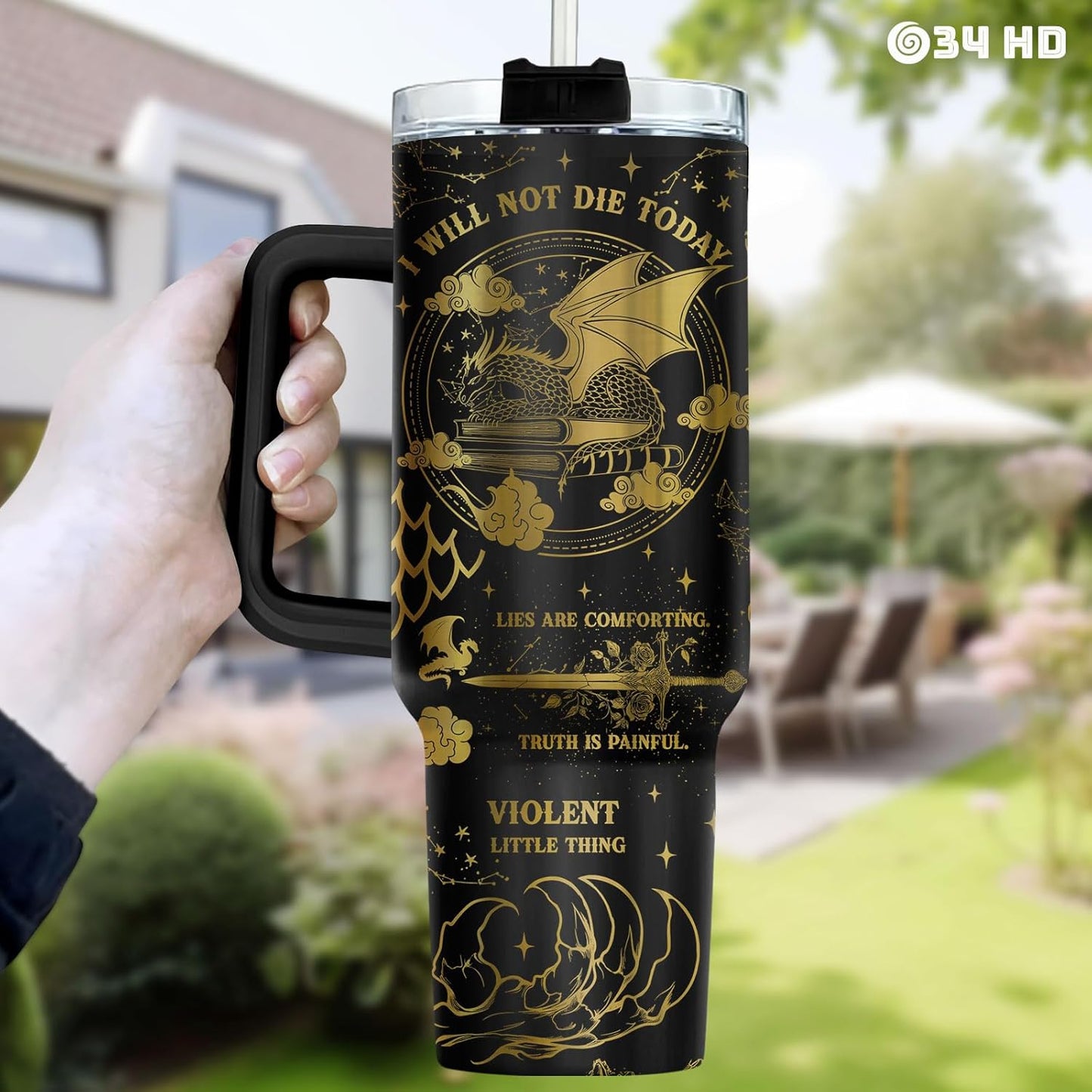 Fantasy Cat Dinosaur 40 oz Tumbler with Handle, Cat Lover Gift | Feline Lover Gift, Feline Kitty Whiskers Paw Meow Fur Baby Enchanted Magical Mythical Quest Tumbler