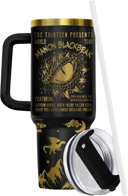Fantasy Cat Dinosaur 40 oz Tumbler with Handle, Cat Lover Gift | Feline Lover Gift, Feline Kitty Whiskers Paw Meow Fur Baby Enchanted Magical Mythical Quest Tumbler