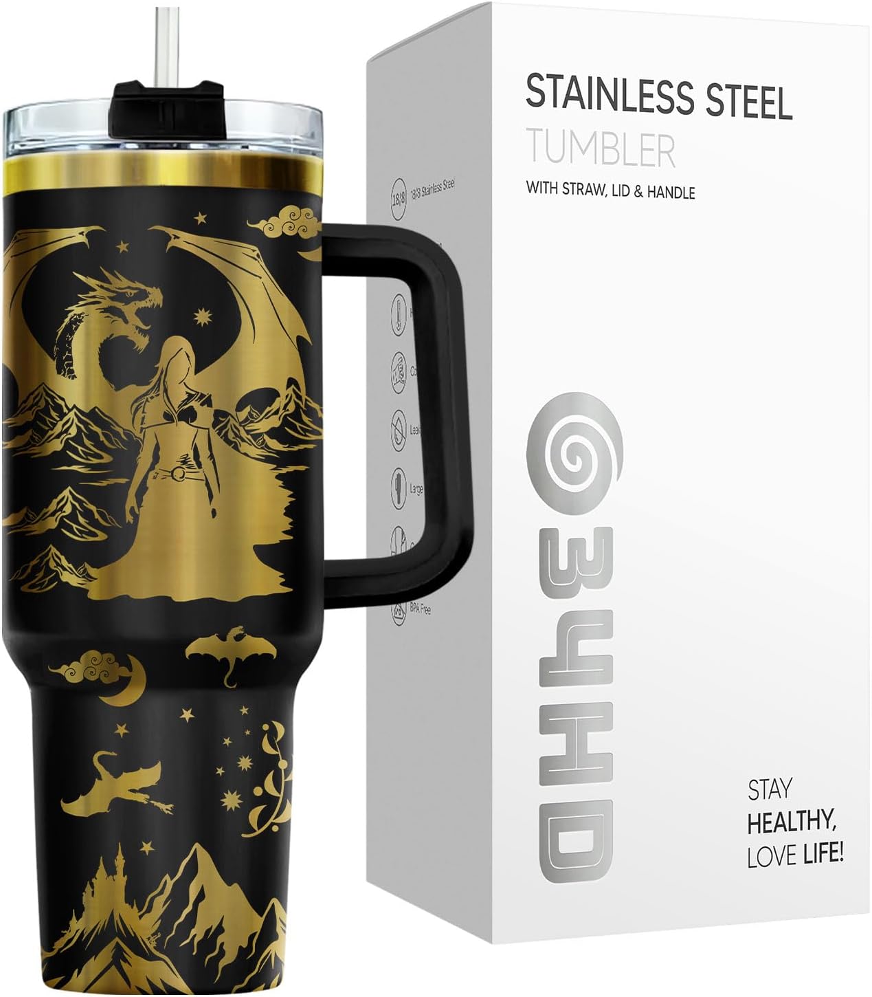 Fantasy Cat Dinosaur 40 oz Tumbler with Handle, Cat Lover Gift | Feline Lover Gift, Feline Kitty Whiskers Paw Meow Fur Baby Enchanted Magical Mythical Quest Tumbler