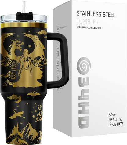 Fantasy Cat Dinosaur 40 oz Tumbler with Handle, Cat Lover Gift | Feline Lover Gift, Feline Kitty Whiskers Paw Meow Fur Baby Enchanted Magical Mythical Quest Tumbler