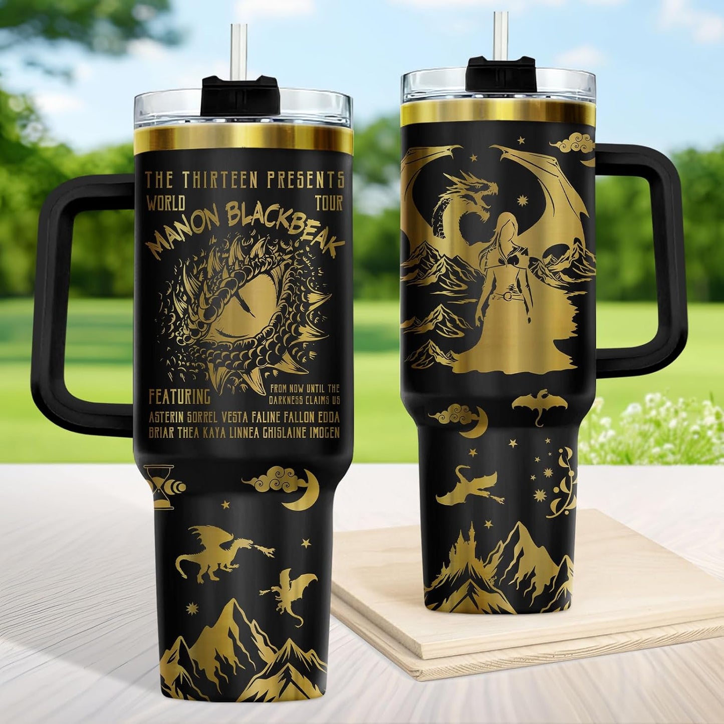 Fantasy Cat Dinosaur 40 oz Tumbler with Handle, Cat Lover Gift | Feline Lover Gift, Feline Kitty Whiskers Paw Meow Fur Baby Enchanted Magical Mythical Quest Tumbler
