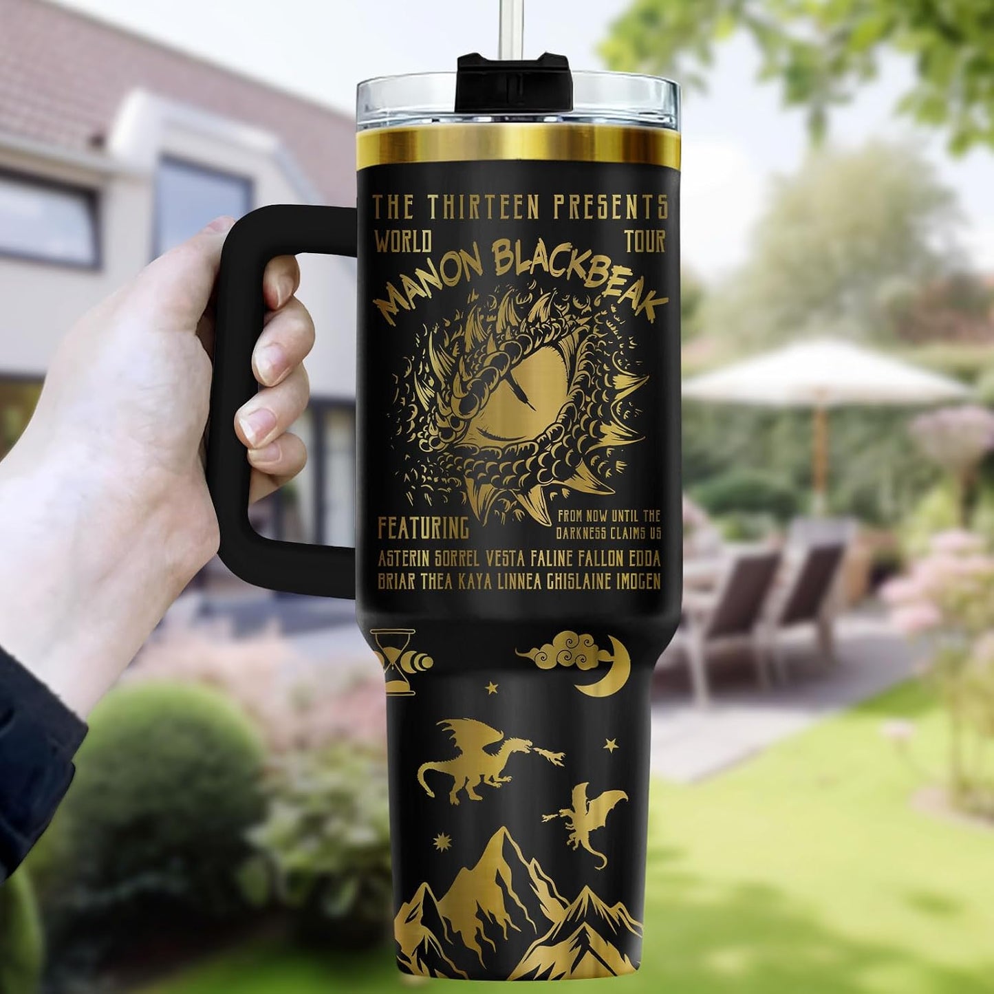 Fantasy Cat Dinosaur 40 oz Tumbler with Handle, Cat Lover Gift | Feline Lover Gift, Feline Kitty Whiskers Paw Meow Fur Baby Enchanted Magical Mythical Quest Tumbler