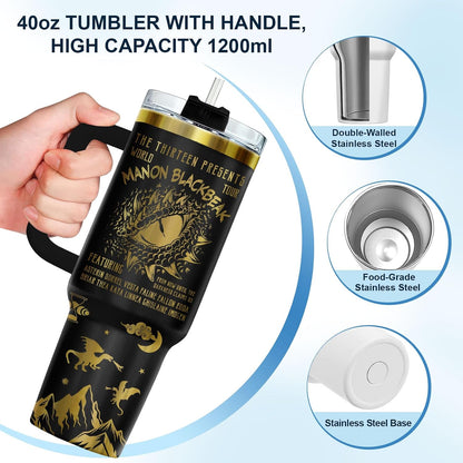 Fantasy Cat Dinosaur 40 oz Tumbler with Handle, Cat Lover Gift | Feline Lover Gift, Feline Kitty Whiskers Paw Meow Fur Baby Enchanted Magical Mythical Quest Tumbler
