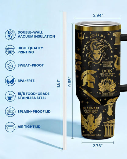 Fantasy Cat Dinosaur 40 oz Tumbler with Handle, Cat Lover Gift | Feline Lover Gift, Feline Kitty Whiskers Paw Meow Fur Baby Enchanted Magical Mythical Quest Tumbler