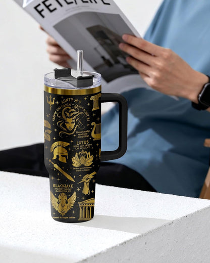 Fantasy Cat Dinosaur 40 oz Tumbler with Handle, Cat Lover Gift | Feline Lover Gift, Feline Kitty Whiskers Paw Meow Fur Baby Enchanted Magical Mythical Quest Tumbler