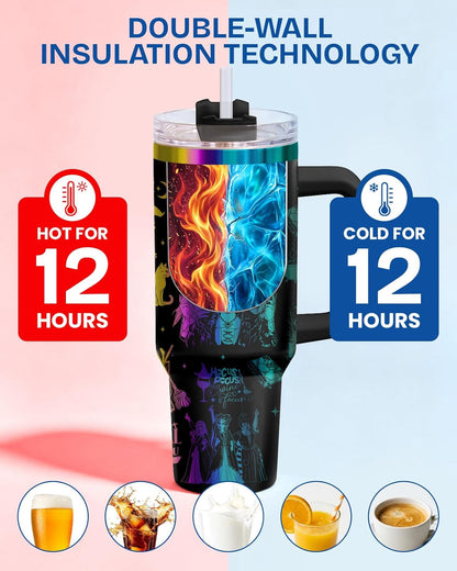 Fantasy Cat Dinosaur 40 oz Tumbler with Handle, Cat Lover Gift | Feline Lover Gift, Feline Kitty Whiskers Paw Meow Fur Baby Enchanted Magical Mythical Quest Tumbler